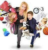Young mother with two children busy running